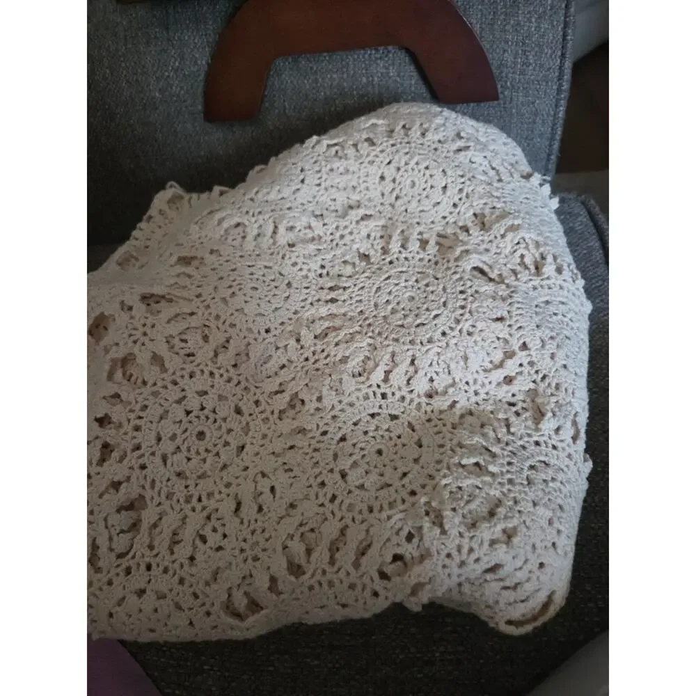 Vtg Handmade Crochet Tablecloth Bed Coverlet Rectangle Ecru 90x52 6-8 Chair Size